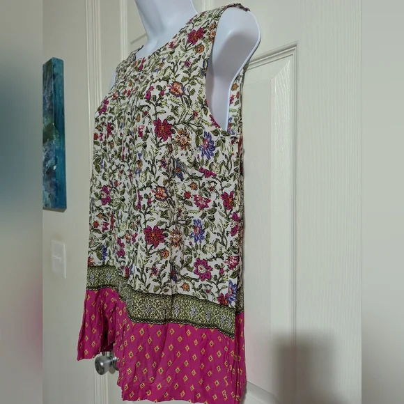 J Jill Medium Sleeveless Floral Print Pleated Blouse Pink Spring Tank Dipped - Picture 5 of 6